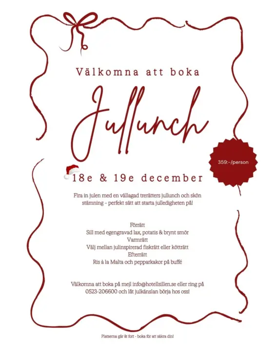 Boka en härlig jullunch hos oss på hotell sillen den 18e eller 19e december!