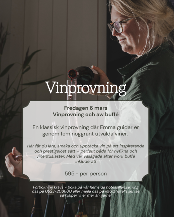 Vinprovning 6 mars Välkomna på vinprovning med Emma Ziemann 6 mars! Vinprovning och aw buffé En klassisk vinprovning där Emma guidar er genom fem noggrant utvalda viner. Här får du lära, smaka och upptäcka vin på ett inspirerande och prestigelöst sätt – perfekt både för nyfikna och vinentusiaster. Med vår vällagade after work buffé inkluderat!